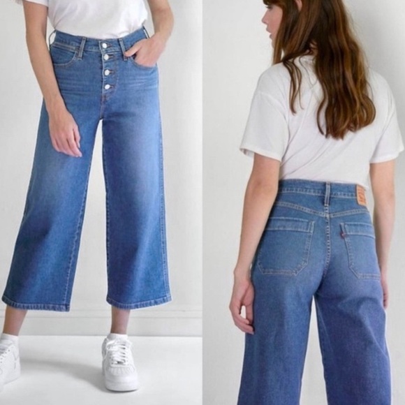 Levi's | Mile High Wide Leg Exposed Button Crop Blue Denim Jean 29/8‎ 90s Y2K - Picture 5 of 14